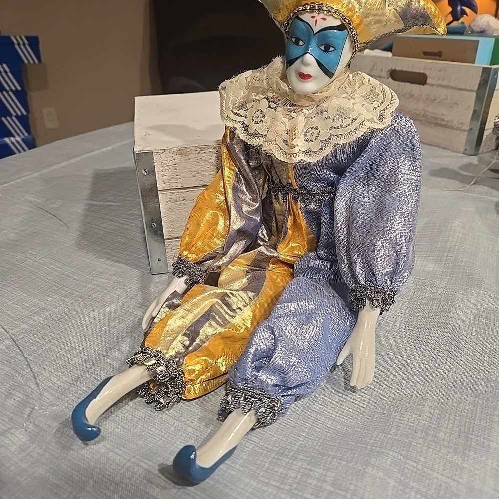 Elegant Jester Doll in Blue and Gold Costume
